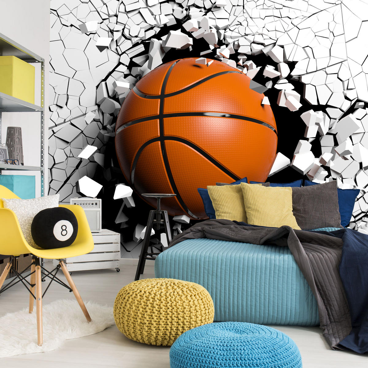 FOTOTAPETE für Jugendzimmer Basketball Wandbruch Sport 200x140 - Schwarz/Orange, Papier (200/140cm) - Muralo