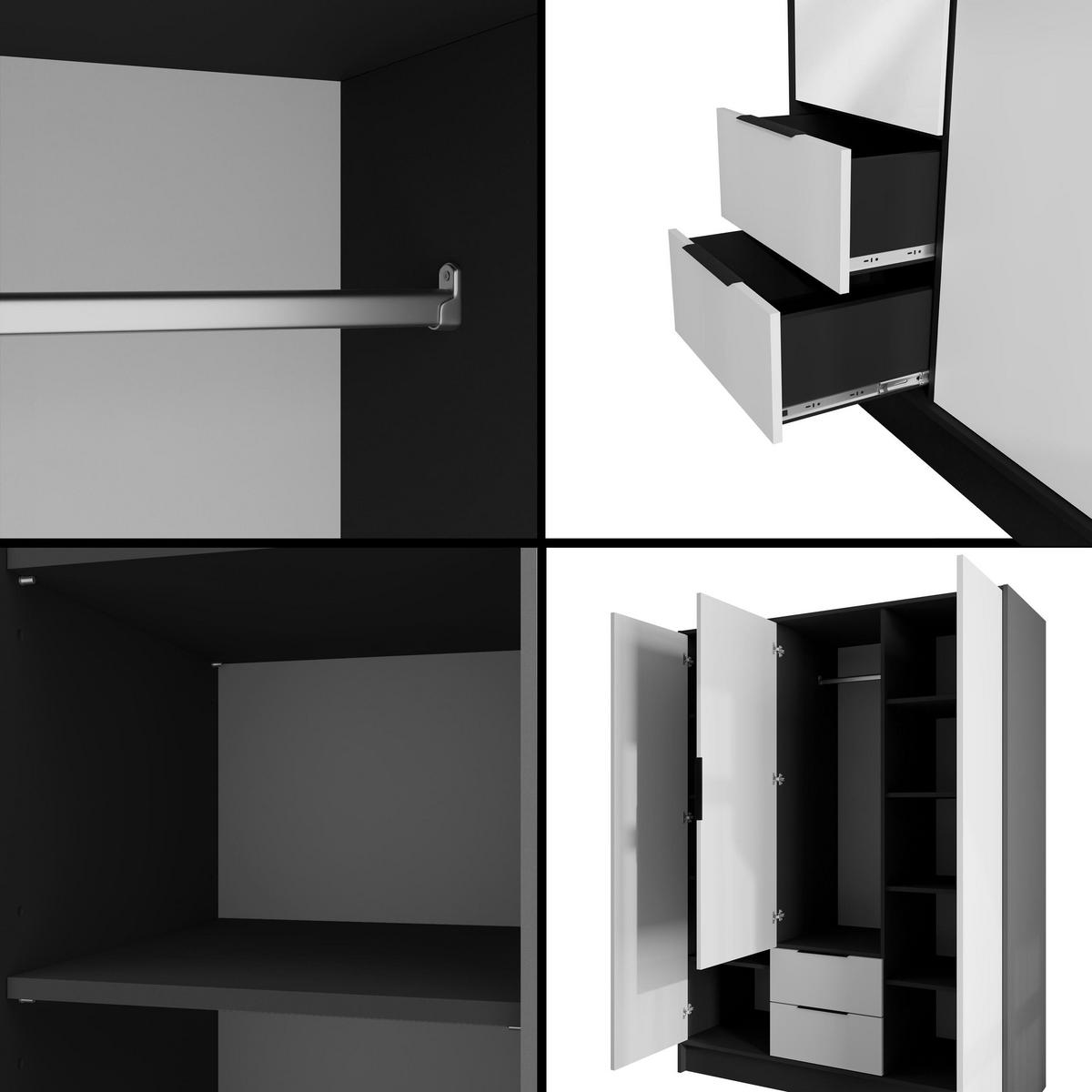 KLEIDERSCHRANK mit Spiegel und Flügeltüren KOLIN 150x200cm Schwarz / Weiß - Schwarz/Weiß, Holzwerkstoff (150/200/51cm) - ALTDECOR