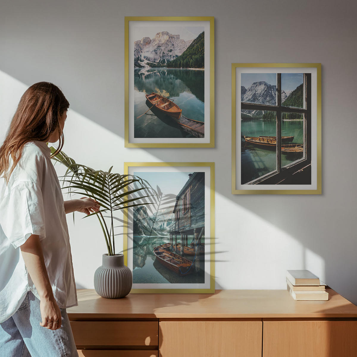 BILDER SET 3er Set - 40x60 cm Goldrahmen - Bootshaus am Bergsee - Goldfarben, Kunststoff (40/60cm) - TULUP