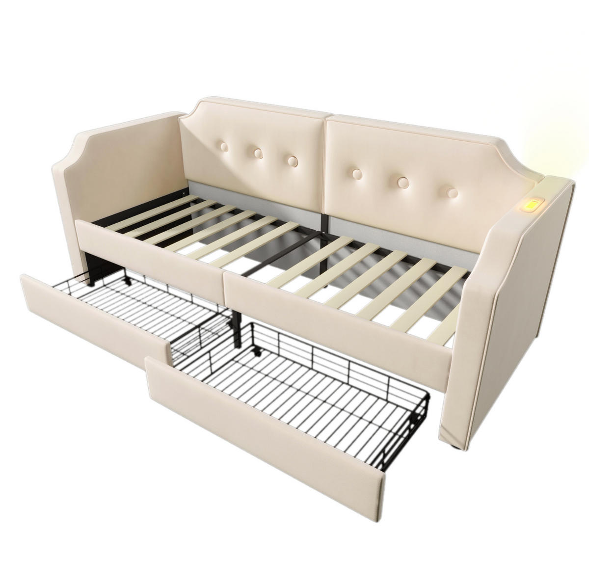 SAMT-POLSTERBETT 90/200 cm mit Lattenrost, 2 Schubladen und USB-Type-C - Beige, Textil (90/200cm) - BEAOK