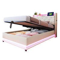 KINDERBETT 90/200 cm in Beige mit LED, USB und hydraulischem Stauraum - Beige, Textil (90/200cm) - BEAOK
