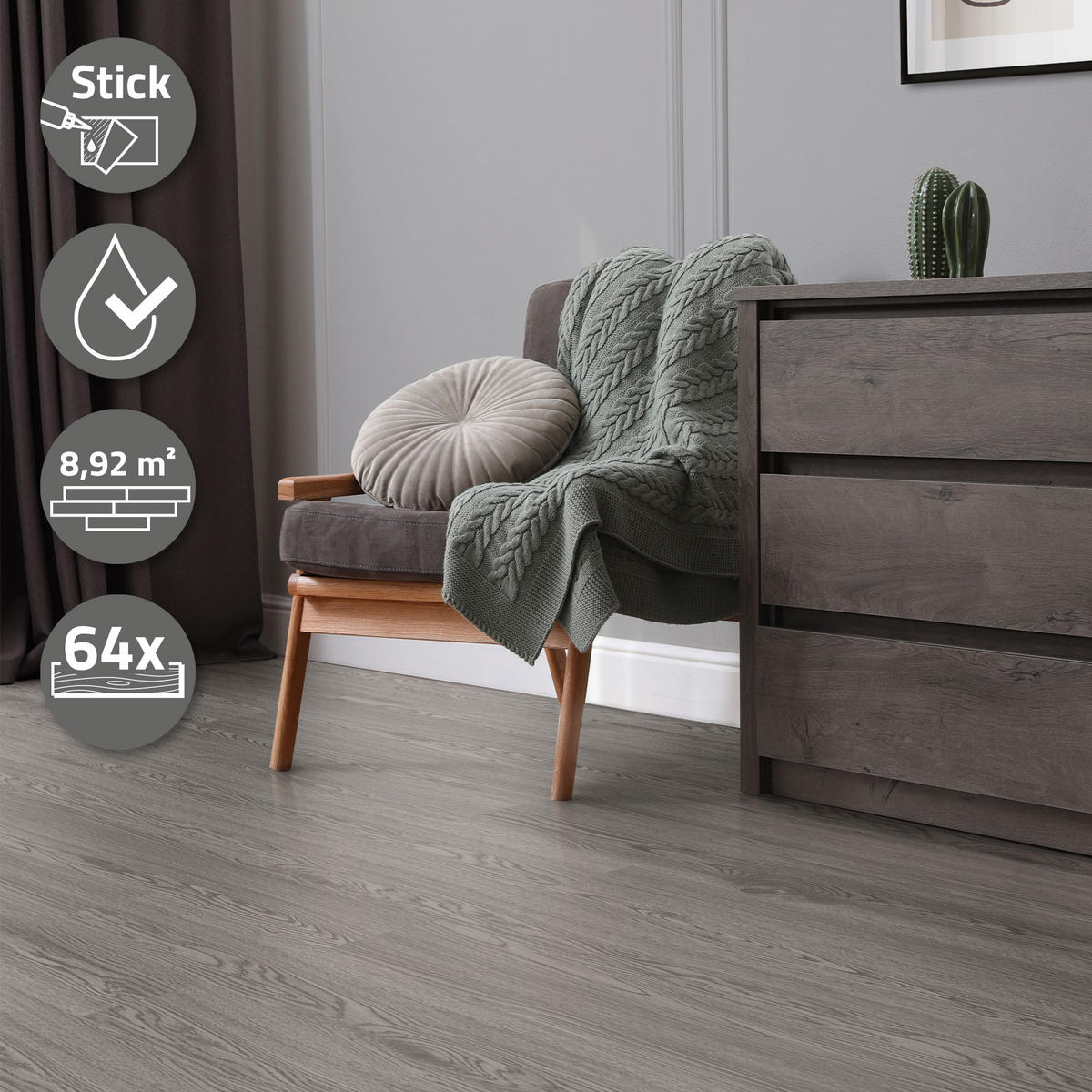 VINYLBODEN selbstklebend 8,92m²/64 Dielen Eiche Grau - Grau, Kunststoff (91.5/15.3/0.2cm) - ML-DESIGN