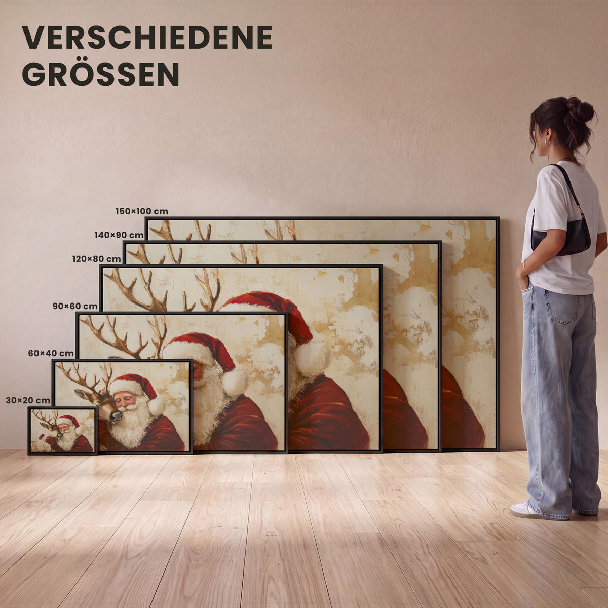 LEINWAND Bilder mit Rahmen - Weihnachtsmann - Rentier - Weihnachten - 30x20 - Rotbraun, Textil (30/20cm) - MuchoWow