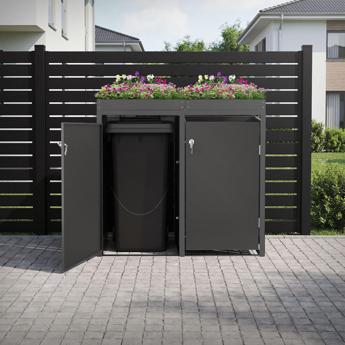 SADA 2 popelnic s rostlinnou střechou antracitová - antracitová, kov (132/124/80cm) - ML-DESIGN