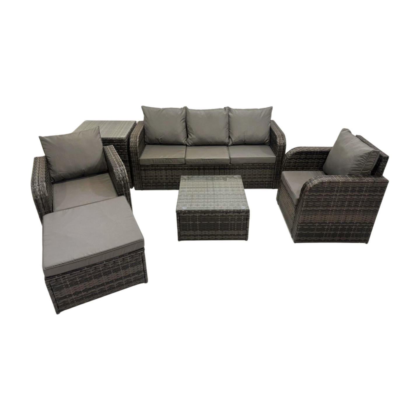 GARTENMÖBELGARNITUR mit KISSEN Polyrattan Dunkelgrau 6-Sitzer - Dunkelgrau/Grau, Glas/Kunststoff - Fimous