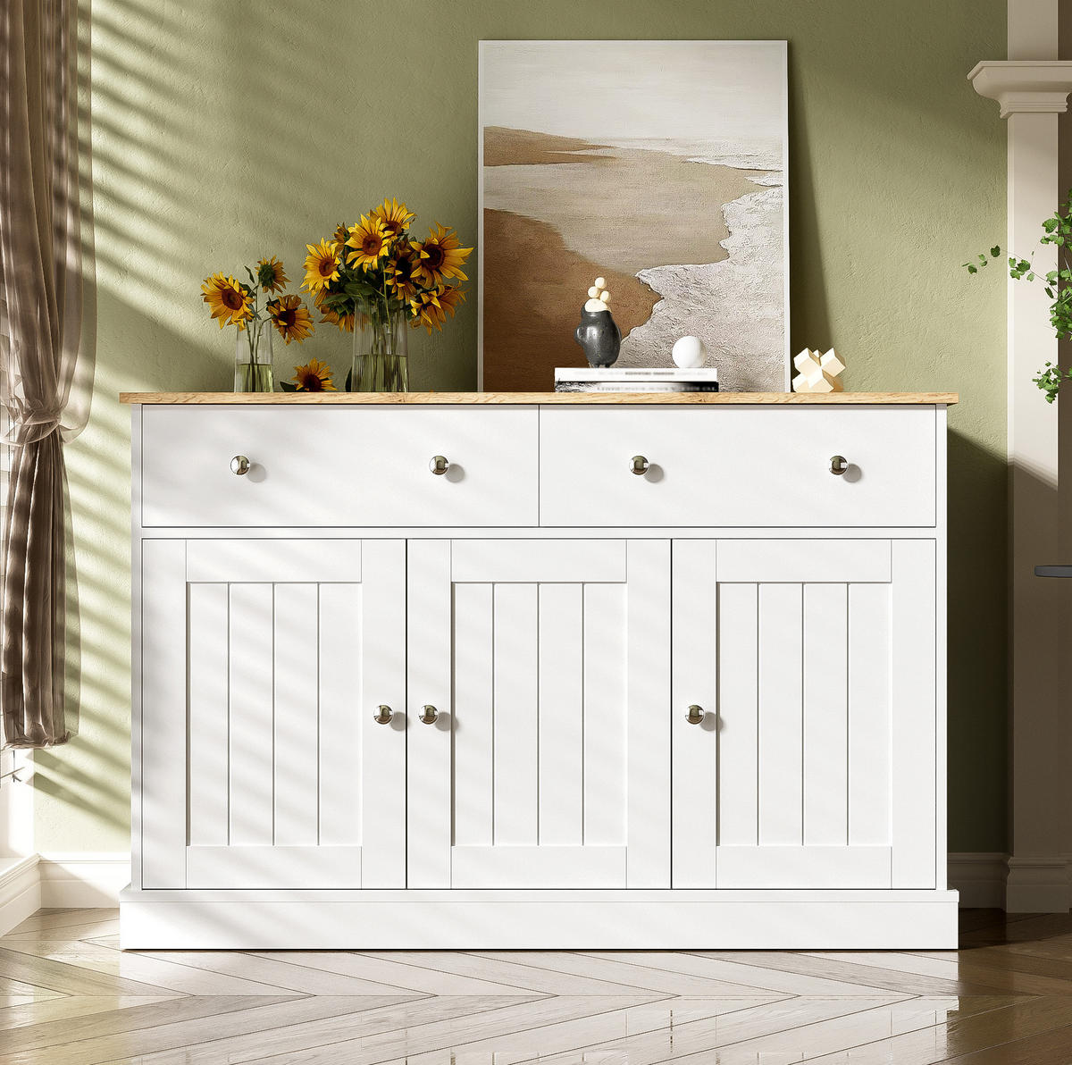SIDEBOARD mit 3 Türen und 2 Schubladen, geprägte Front, 120/36/80,5 cm, Weiß und Holzoptik - Weiß, Holzwerkstoff (10/80.5/36cm) - Redom