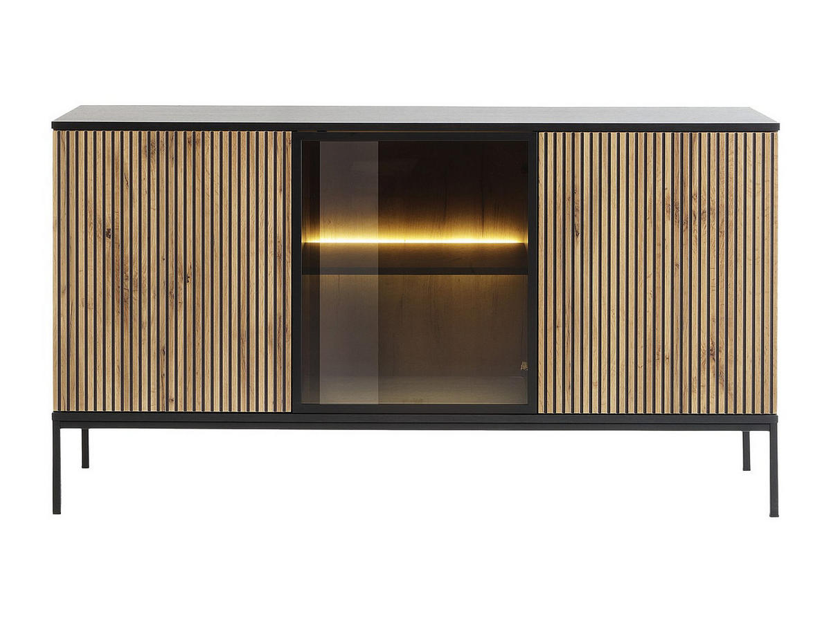 SIDEBOARD - 3 Türen - mit LED-Beleuchtung - MDF & Rauchglas - Schwarz & Holzfarben - OVILA - Schwarz, Holz (153.4/83.2/39cm) - Vente-Unique