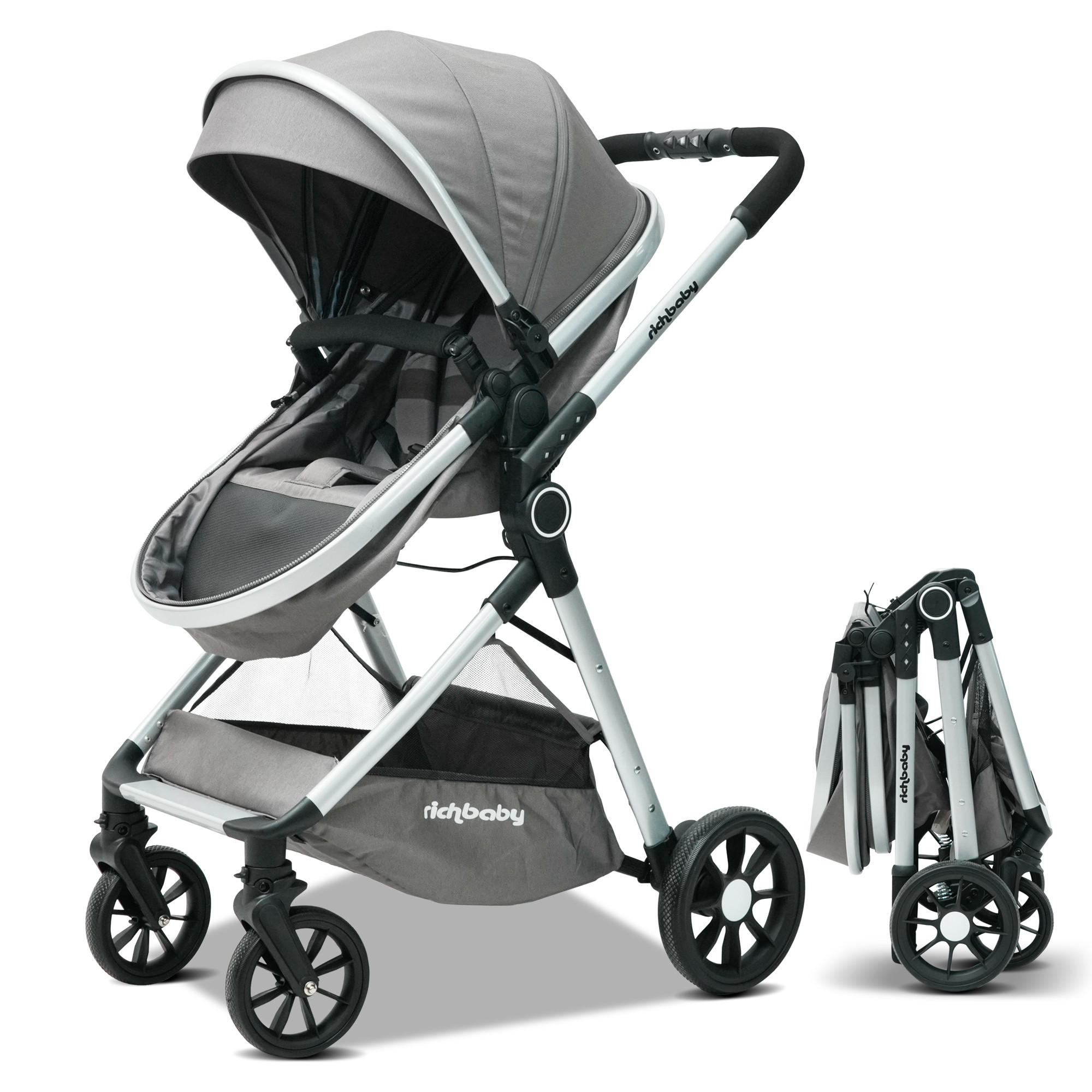 BUGGYS Kombikinderwagen 2 in 1-0 bis 36 Monate-Kompakt faltbar mit Sonnenverdeck - Grau, Metall (80/62/103cm) - Raelunyi