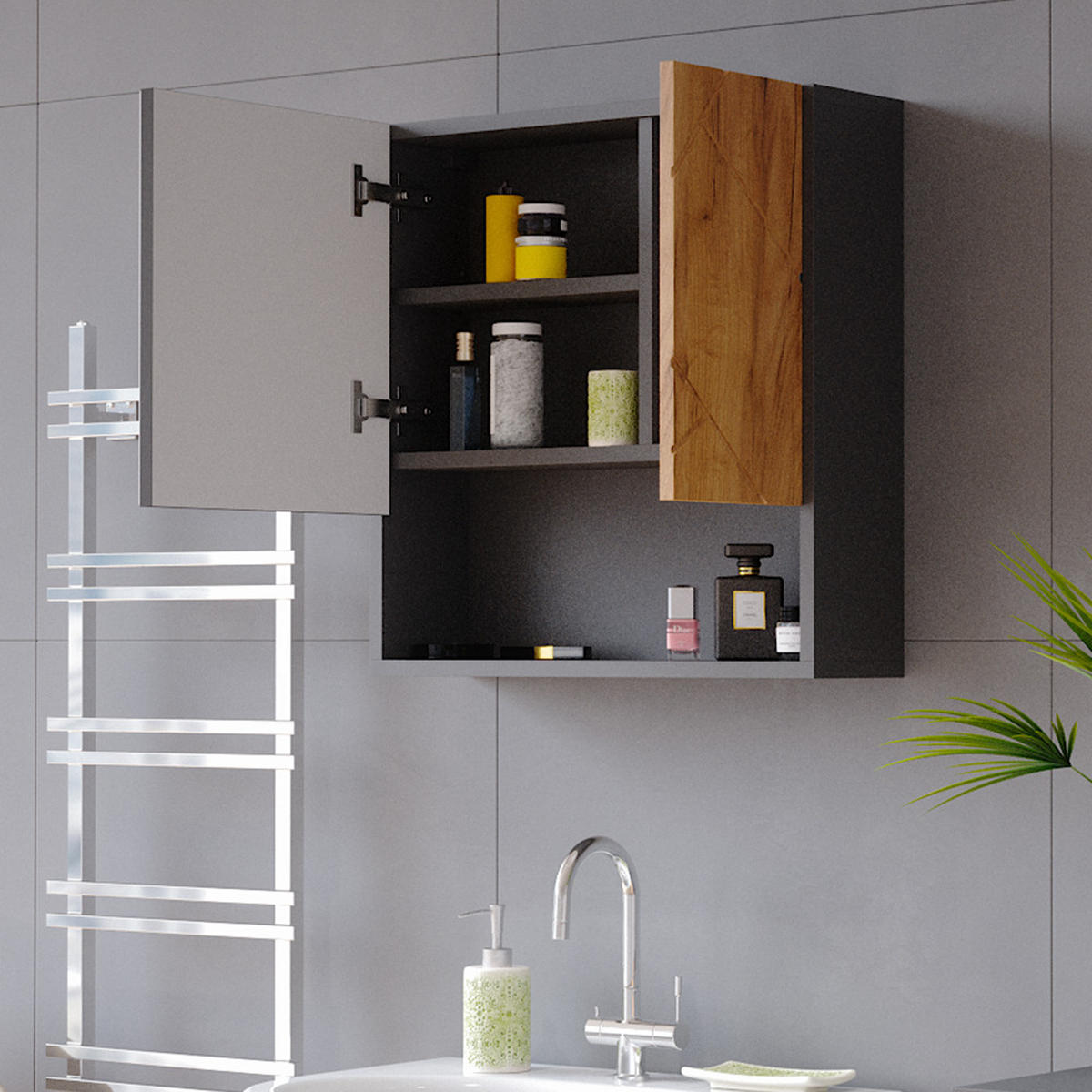 BADSPIEGELSCHRANK Irma Goldkraft Eiche/Anthrazit 54 x 55 cm - Anthrazit/Eiche Wotan, Holzwerkstoff (54/55/16.9cm) - Vicco