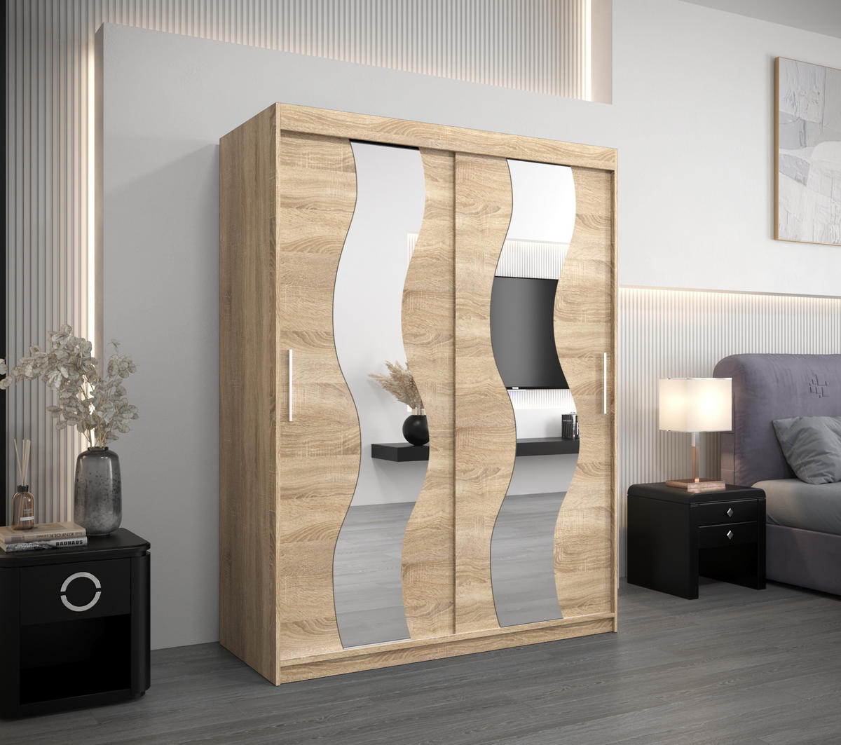 SCHWEBETÜRENSCHRANK 200/150/62 2-türig - Silberfarben/Sonoma Eiche, Holz/Kunststoff (150/200/62cm) - MÖBEL KRYSPOL