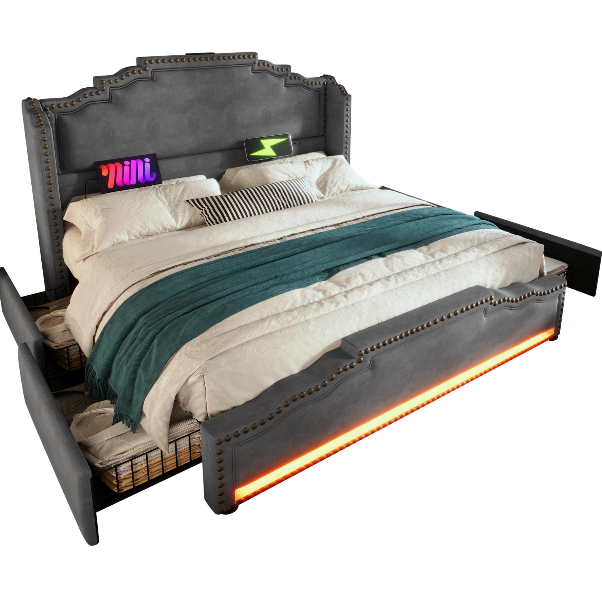 POLSTERBETT 140/200 cm in Grau mit 4 Schubladen, LED-Beleuchtung und USB-Anschlüssen - Grau, Textil (140/200cm) - Flora Grace
