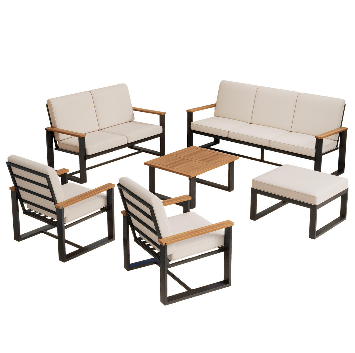 GARTENSET aus Akazie und verzinktem Stahl Beige mit 3-Sitzer, 2-Sitzer, 2 Sesseln, Couchtisch und Hocker - Beige, Metall - Modfu