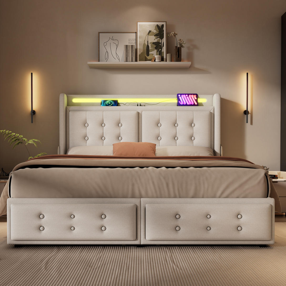 BETT mit Matratze 140x200 cm Beige Baumwoll-Leinen mit LED und 4 Schubladen - Beige, Metall (140/200cm) - Meubliv