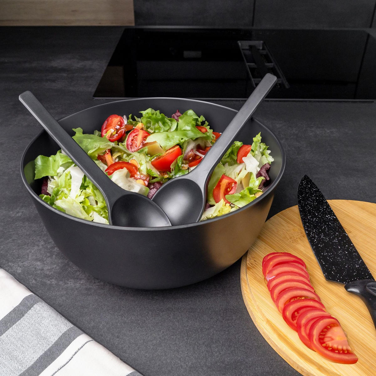 SALATSCHÜSSEL mit Besteck - Schwarz, Kunststoff (24.5cm) - Intirilife