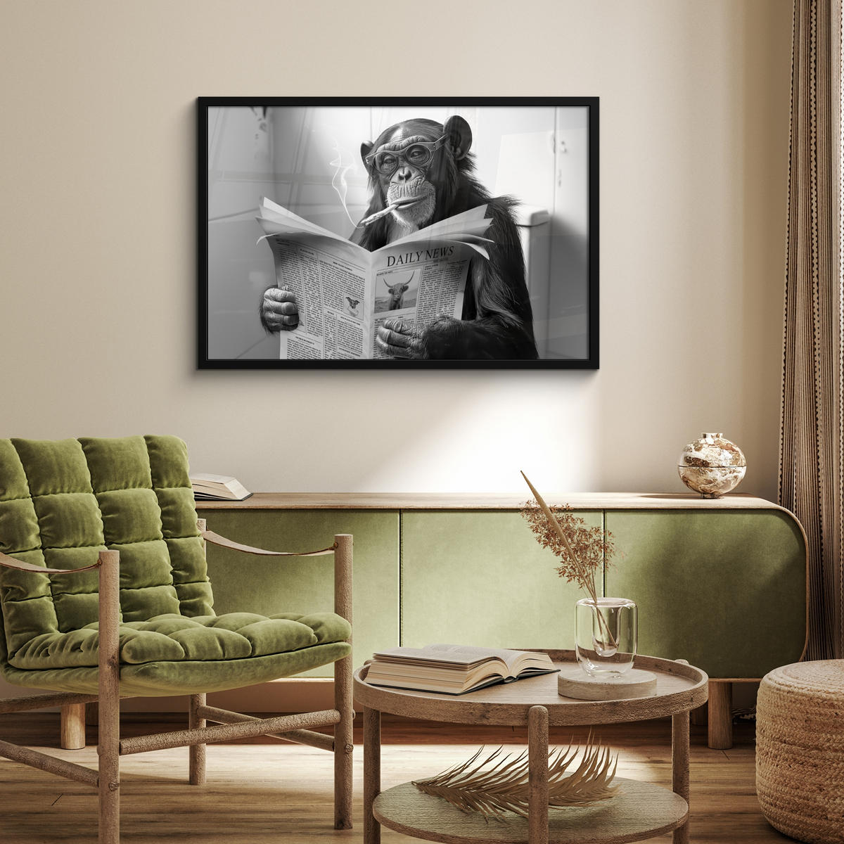 POSTER MIT RAHMEN Affe - WC - Zeitung - Schwarz-Weiß - Humor 90x60 cm - Hellgrau, Papier (90/60cm) - MuchoWow