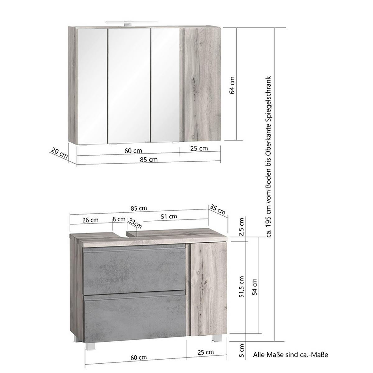 BADMÖBEL-SET Vasto-03 - Grau, Holzwerkstoff (85/200/35cm) - Lomado