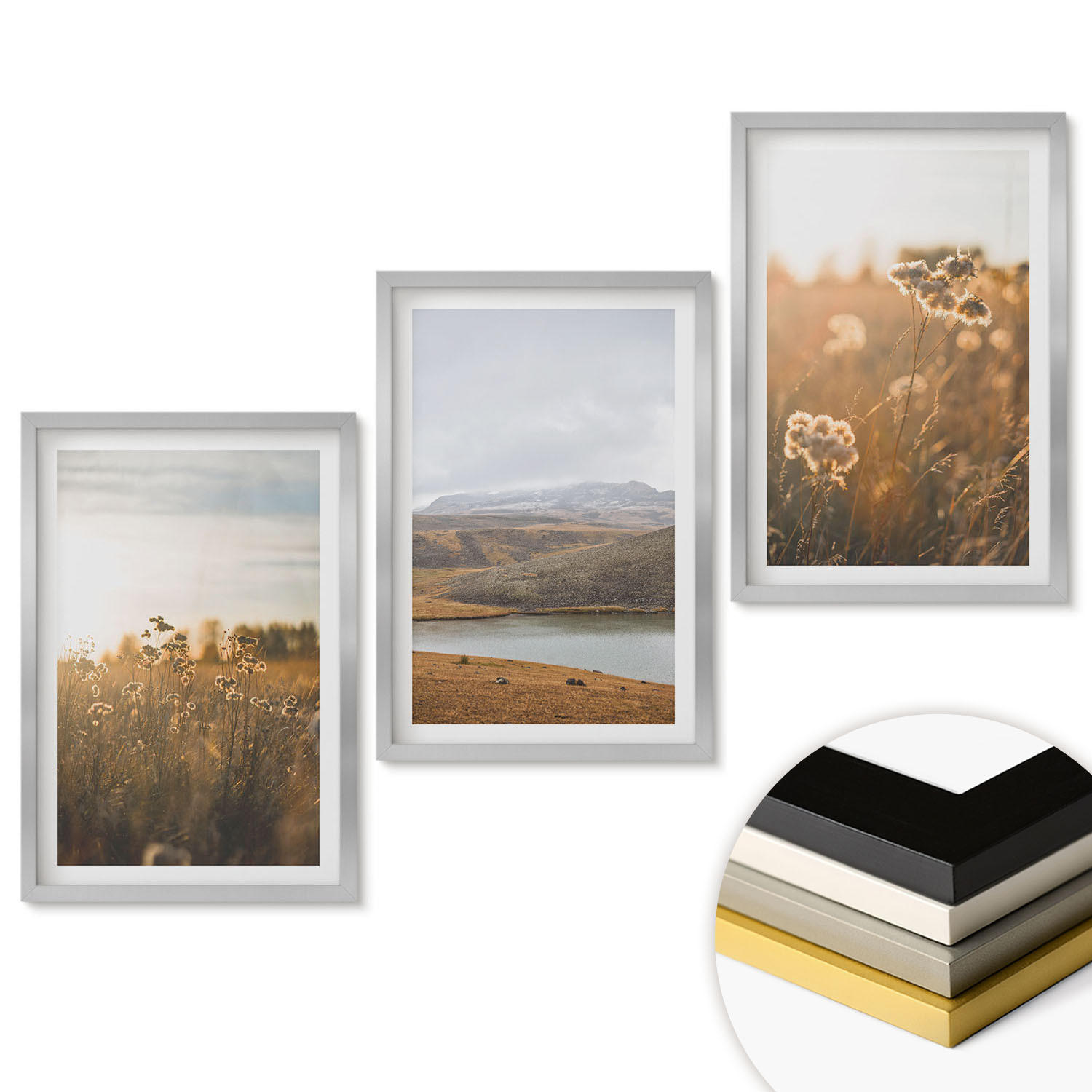 WANDBILDER 3er Set - 40x60 cm Silberner Rahmen - Landschaften Wiesen Berge See - Silberfarben, Kunststoff (40/60cm) - ArtPrintCave