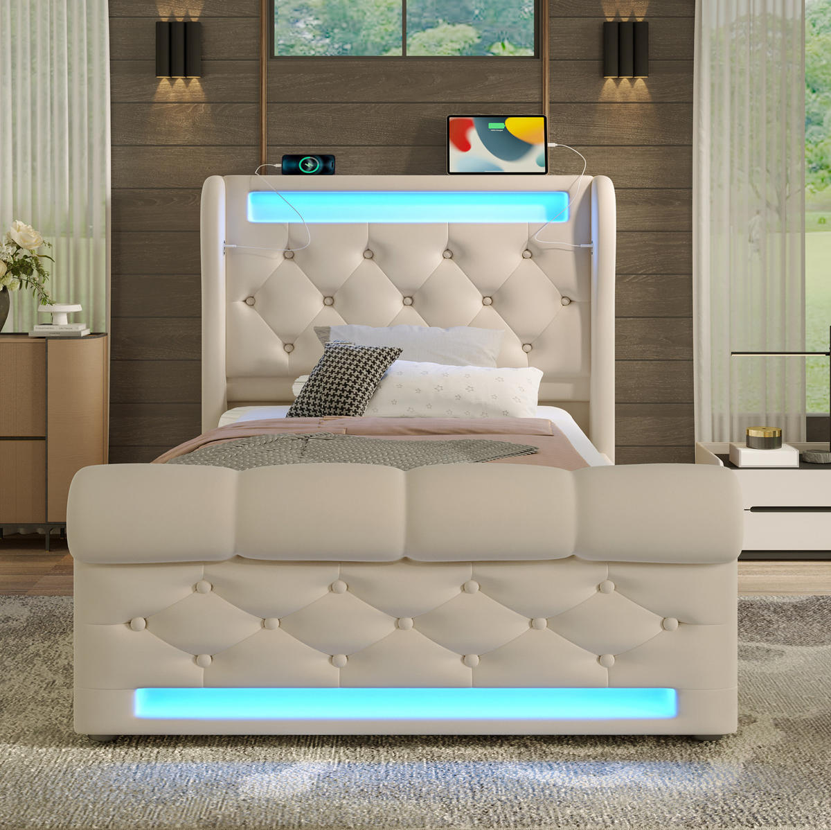 POLSTERBETT 90/200 cm in Beige mit LED-Beleuchtung und USB- und Type-C-Anschlüssen - Beige, Textil (90/200cm) - Flora Grace