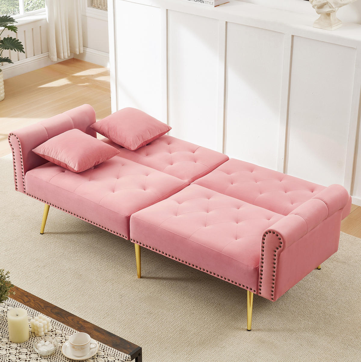 SCHLAFSOFA 2-Sitzer Samt mit 3-fach verstellbarer Doppel-Rückenlehne Rosa 173/75/70 cm - Rosa, Textil (70/173/75cm) - Redom