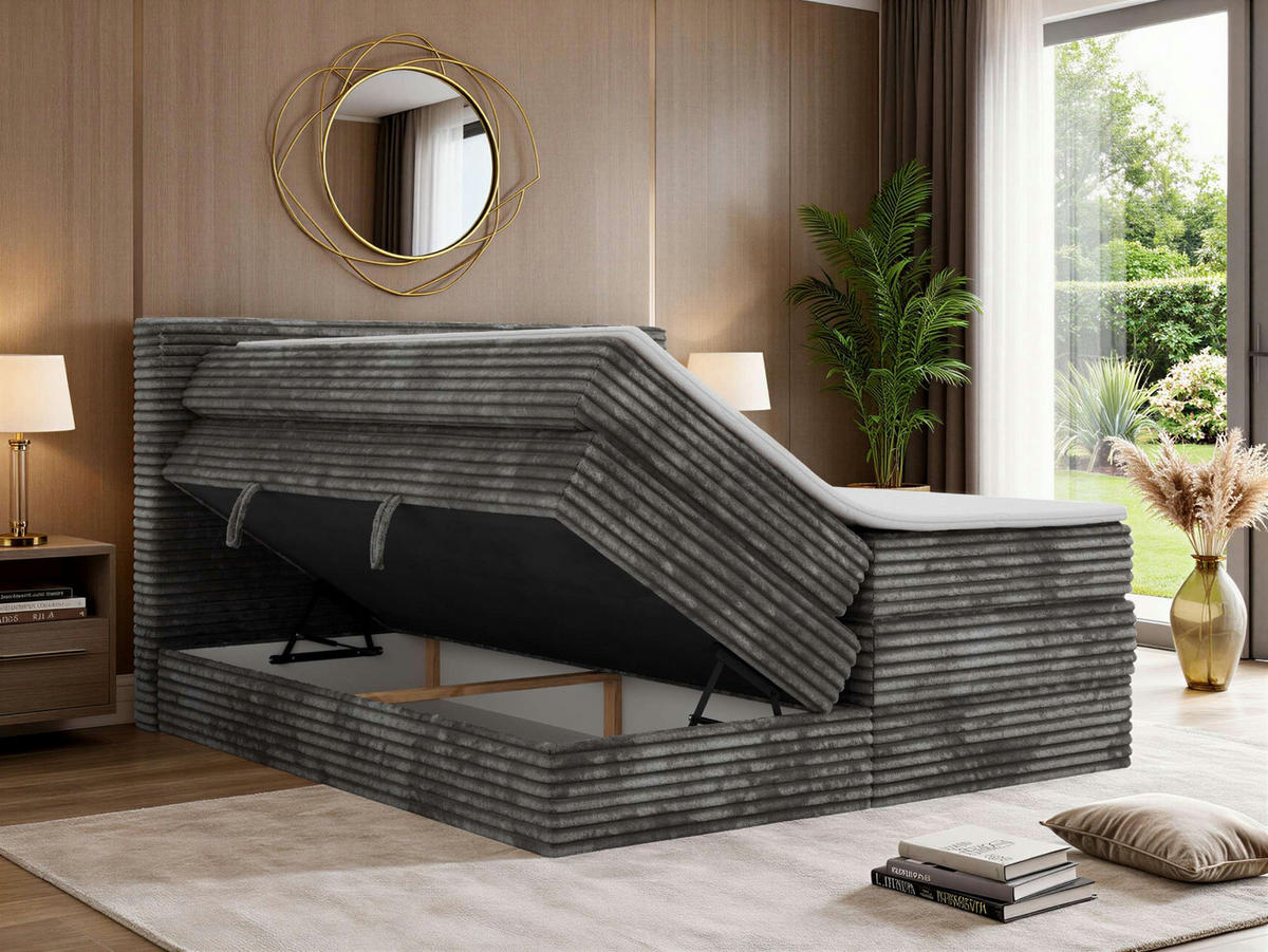 BOXSPRINGBETT TILION KING 160/200 - Grau Cord - Topper T25 - H4 - Schwarz/Grau, Kunststoff/Textil (160/200cm) - MKS