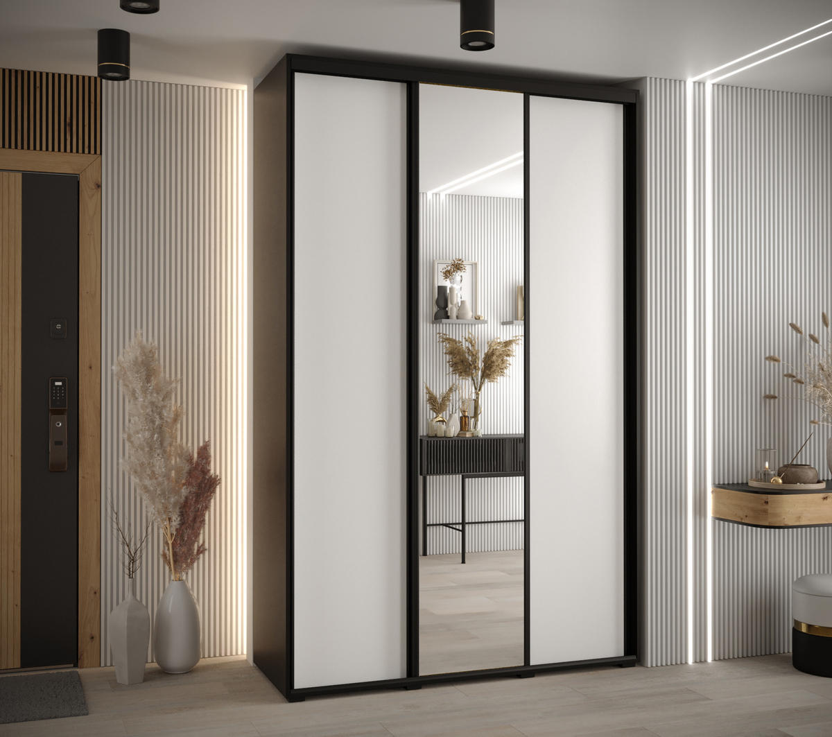 SCHWEBETÜRENSCHRANK 235,2/150/60 3-türig - Schwarz/Weiß, Holz/Metall (150/235/60cm) - Abiks Möbel