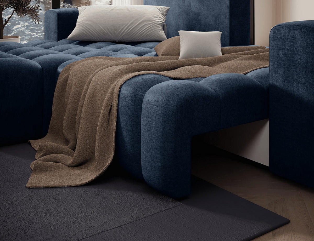 ECKSOFA mit Schlaffunktion und Bettkasten, Velours-Stoff - Schwarz/Dunkelblau, Textil (250/175cm) - Eltap