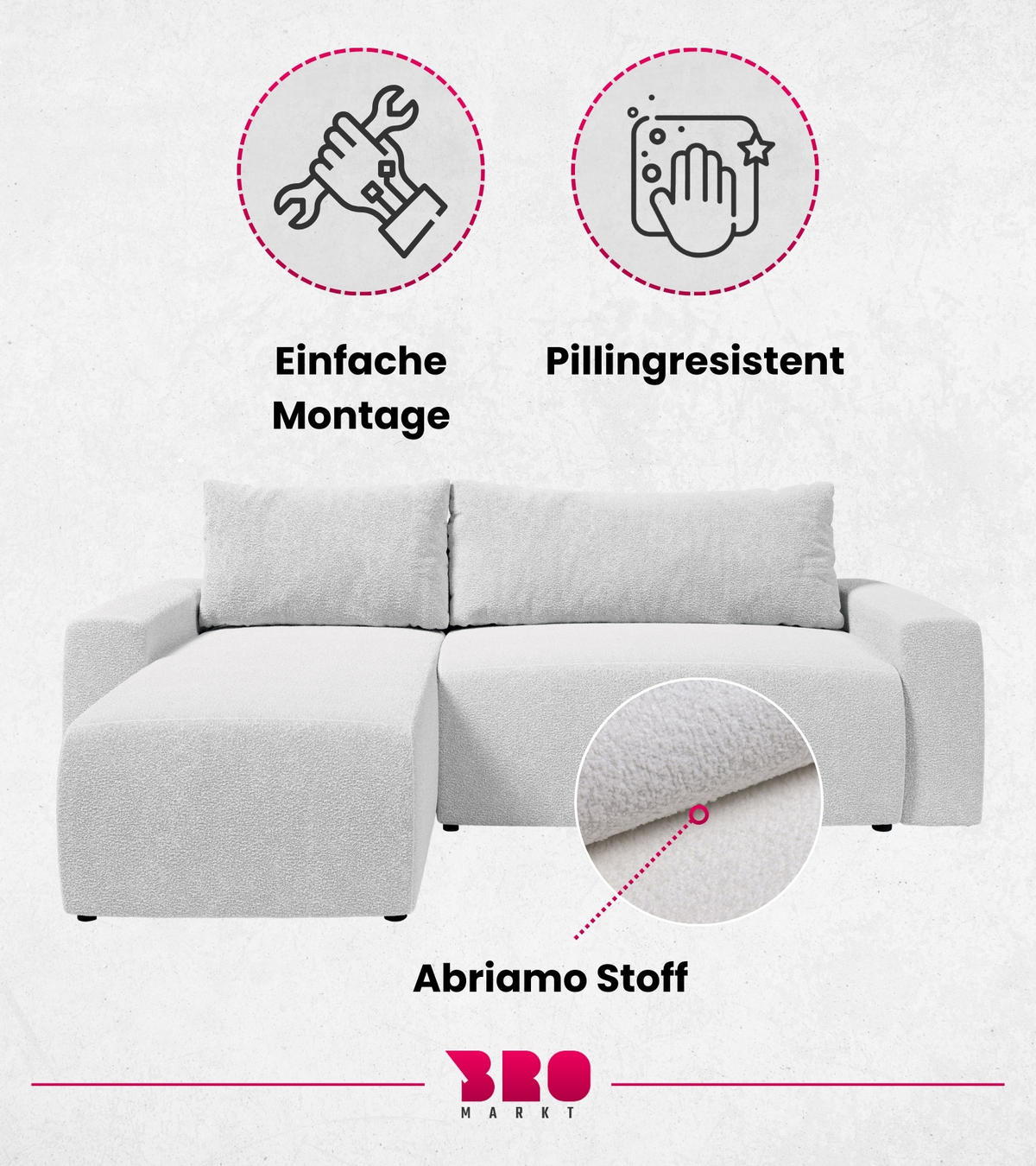ECKSOFA PLUSH mit Schlaffunktion Hellgrau Boucle - Silberfarben, Textil (240/145cm) - Bromarkt