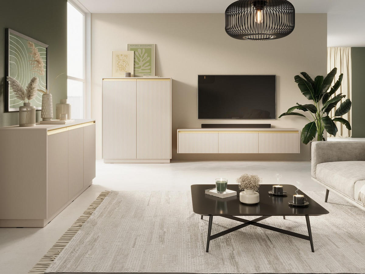 KOMMODE Roy 154 Beige, mit geriffelter Front - Beige, Holzwerkstoff (154/72/39cm) - Bettso