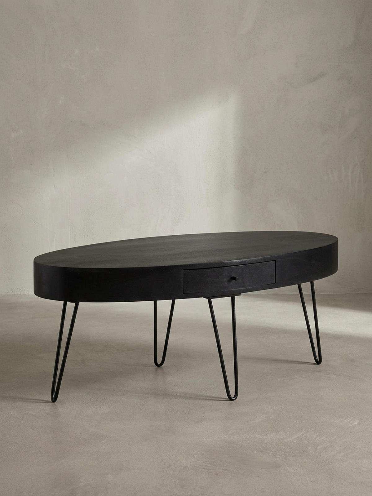 COUCHTISCH in Mango-Massivholz und Metall, 100x50x40 cm, Oval, mit Schublade, Stauraum und Haarnadelbeinen - Schwarz, Holz/Metall (50/100/40cm) - KADIMA DESIGN