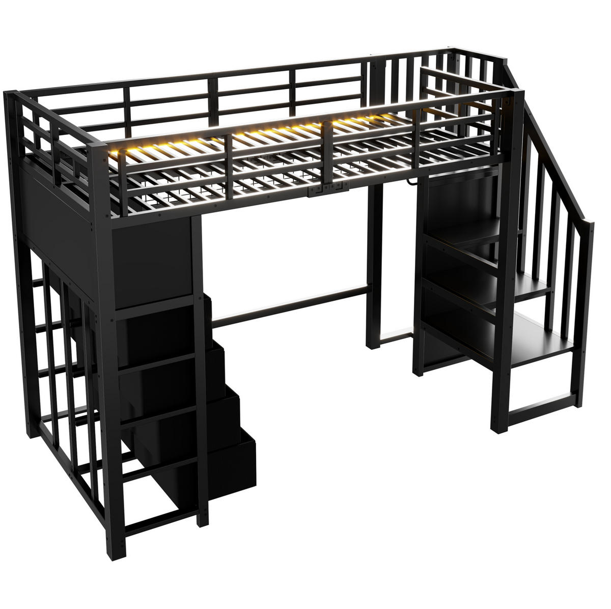 HOCHBETT aus Metall und MDF 90x200 cm Schwarz mit 8 Schubladen, Stauraumtreppe und LED-Beleuchtung - Schwarz, Holzwerkstoff (90/200cm) - IVMEU