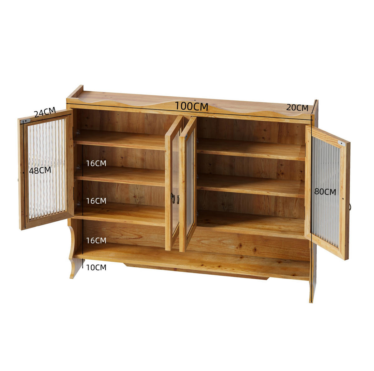 KÜCHENOBERSCHRANK 100/20/80 cm aus Massivholz und Glas mit 4 Türen und Hakenleiste Natur - Naturfarben, Holz (100/80/20cm) - Modenvie