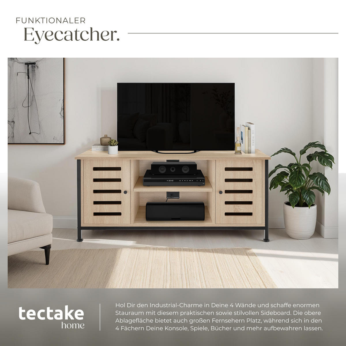 TV-BOARD Carlow,110 x 41,5 x 50,5 cm,Industrial Holz hell, Eiche Sonoma - Naturfarben, Holzwerkstoff (41.5/50.5/110cm) - tectake