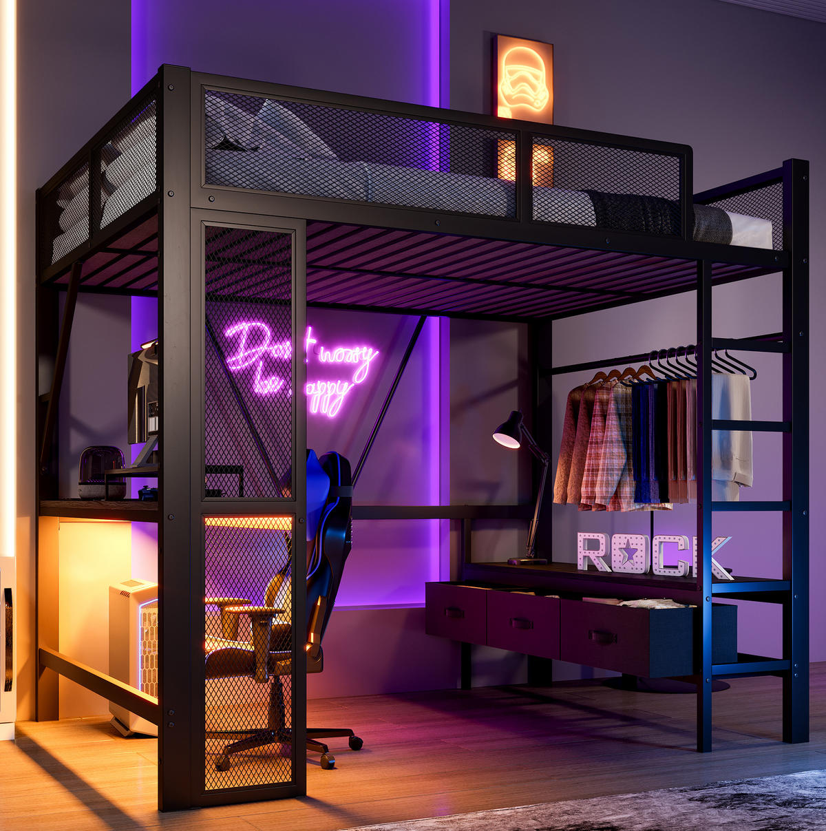 HOCHBETT 140/200 cm mit LED, USB, Schreibtisch und Schubladen - Schwarz, Metall (140/200cm) - MIVRAY