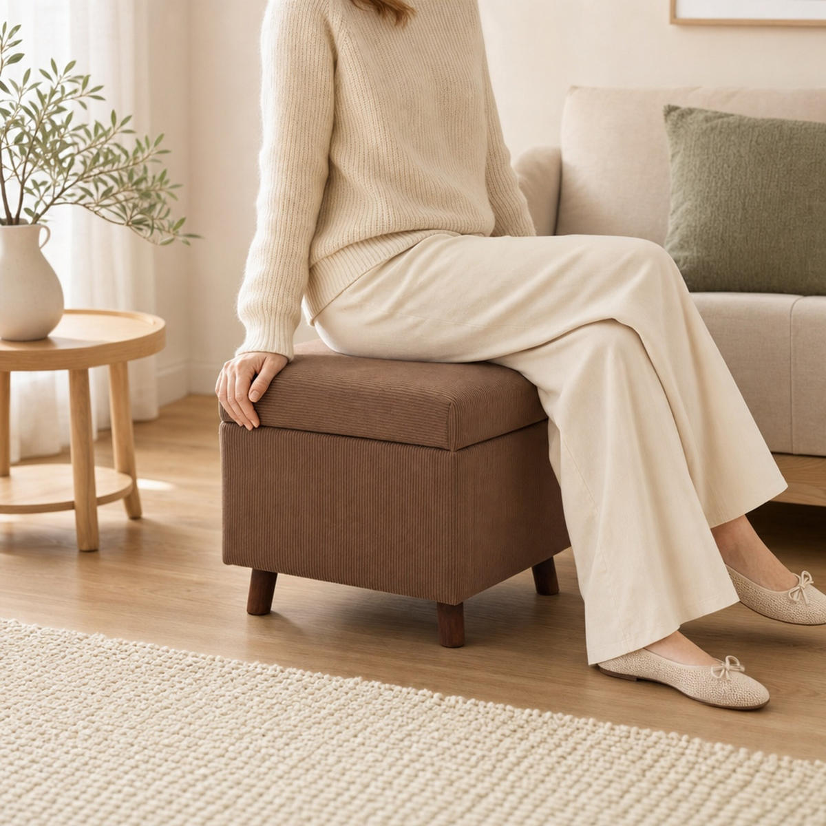 TABURET Hnědý manšestr s úložným prostorem 40 cm - hnědá, dřevo/kompozitní dřevo (46/40/40cm) - Relaxdays