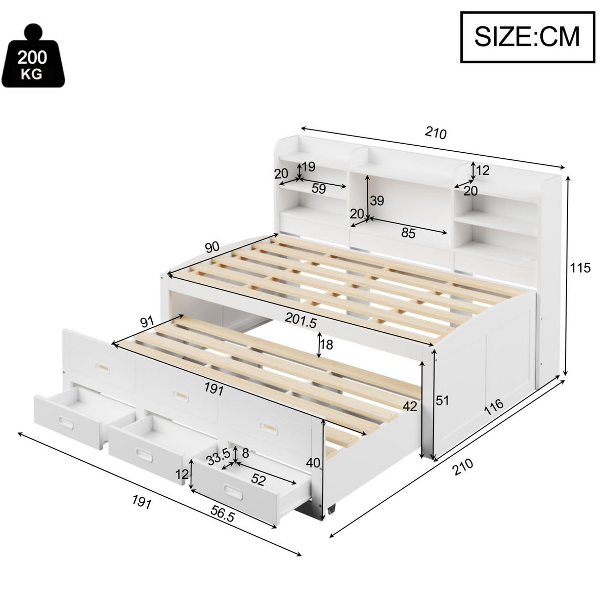TAGESBETT 90/200 cm mit Ausziehbett, LED-Beleuchtung, USB-/Type-C-Anschluss und 3 Schubladen, Spanplatte/MDF, Weiß - Weiß, Holzwerkstoff (90/200cm) - Redom