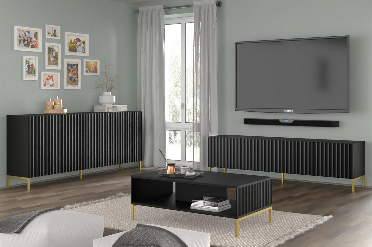 TV LOWBOARD Schwarz, Gold 200/56/42 - Goldfarben/Schwarz, Holzwerkstoff (200/56/42cm) - RAUMHIRSCH FURNITURE