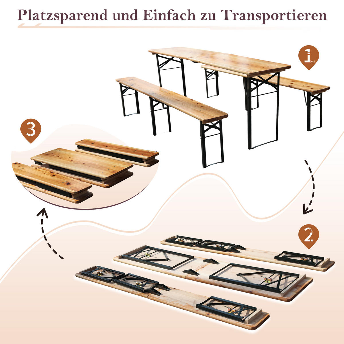 GARTENMÖBELSET aus Massives Holz und Metall 220 x 50 x 78 cm natur klappbar - Naturfarben, Metall - Modfu