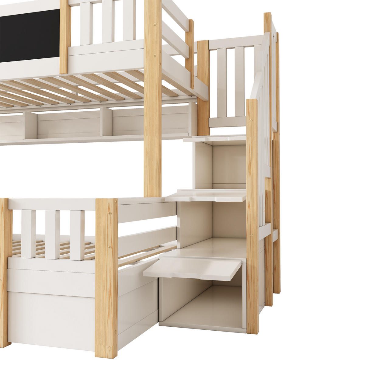 ETAGENBETT 90/200 cm und 140/200 cm Natur + Weiß mit Kreidetafel, Treppe mit Stauraum, 1 Schublade und einem trapezförmigen Schrank - Naturfarben, Holz (90/200cm) - Oxeza