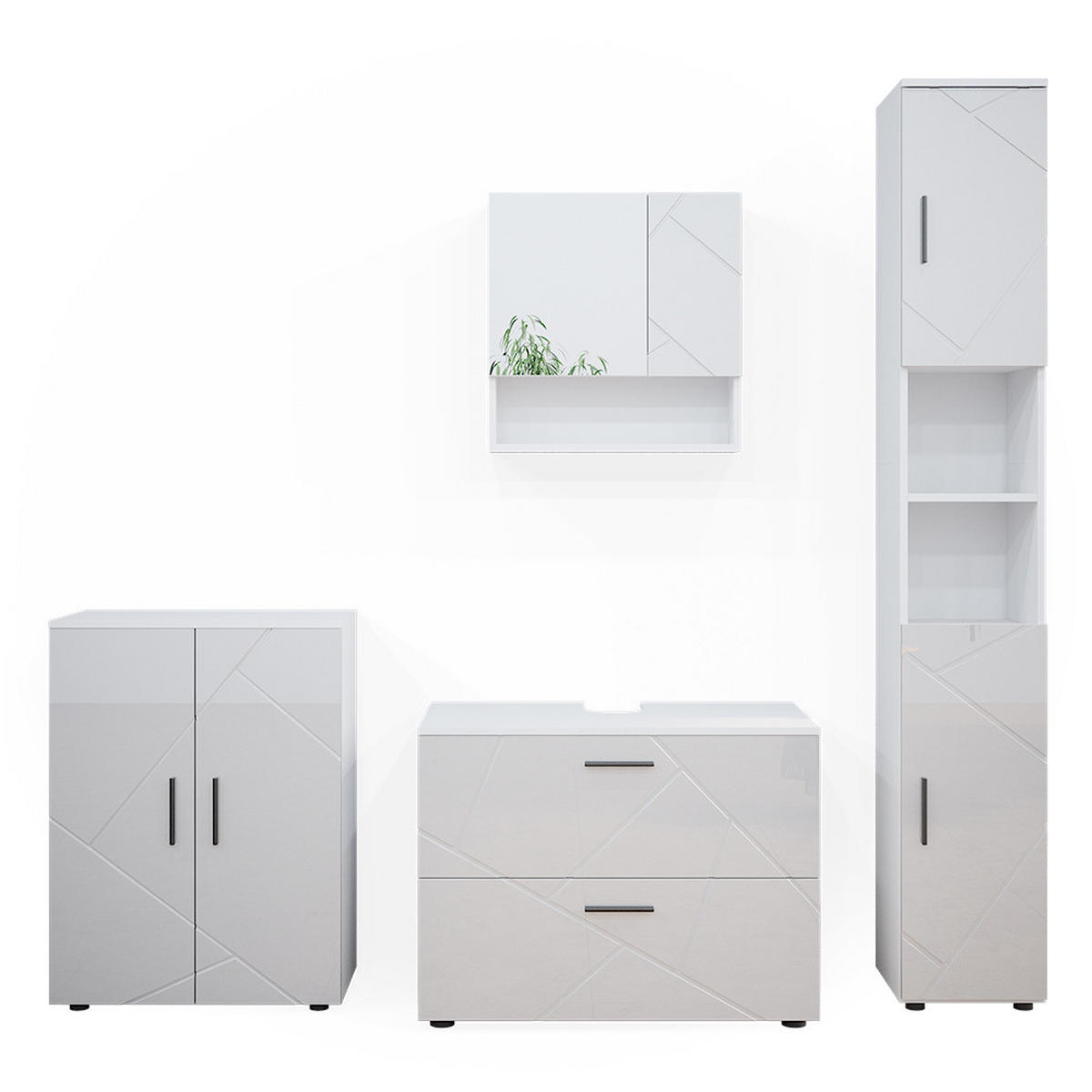 BADMÖBEL-SET Irma Weiß Hochglanz 4 Teile mit Schubladenschrank und Midischrank - Weiß Hochglanz/Weiß, Holzwerkstoff (80/58/41cm) - Vicco