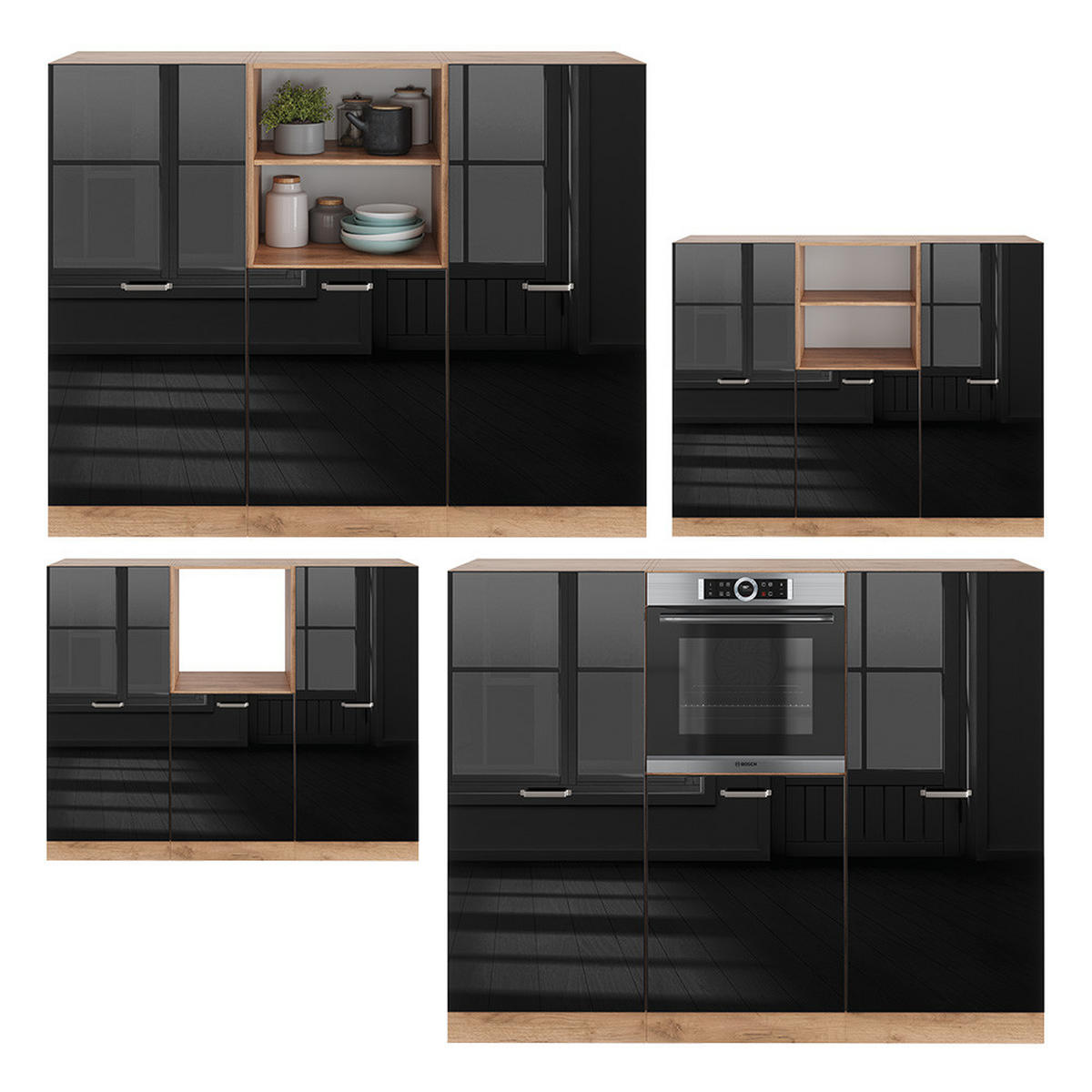 EINBAUKÜCHE R-Line Schwarz Hochglanz/Goldkraft Eiche 180 cm ohne AP - Honigeiche/Schwarz Hochglanz, Holzwerkstoff (180/81.6/46cm) - Vicco