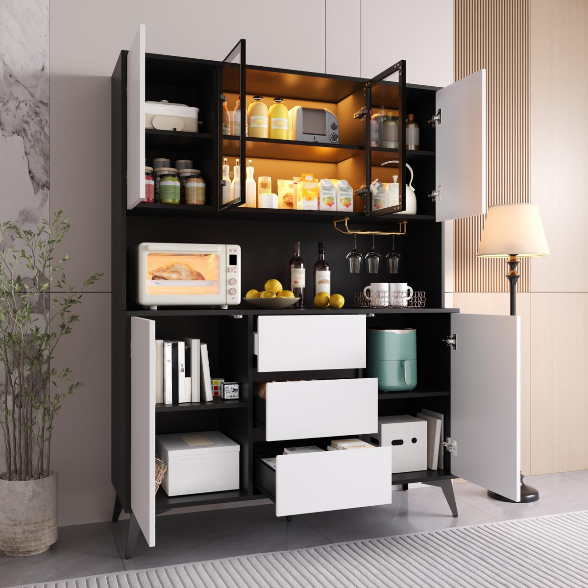 HOCHSCHRANK mit LED-Beleuchtung,Glasvitrine und Stauraum - Schwarz, Holz (120/160/40cm) - PARAFTA HOME