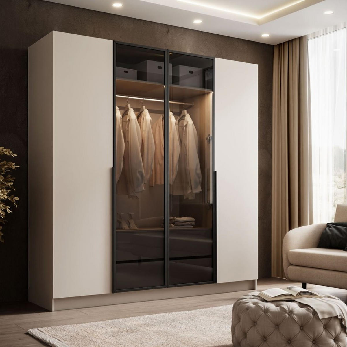 KLEIDERSCHRANK ATRIUM mit Glasfront - Kaschmir, Holzwerkstoff (200/210/57cm) - Lookway