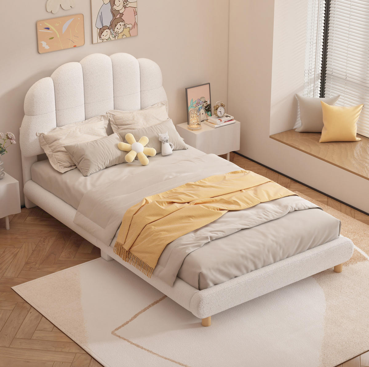 KINDERBETT aus Plüsch und MDF 90x200 cm Weiß mit blumenförmigem Kopfteil und Lattenrost - Weiß, Textil (90/200cm) - Modfu