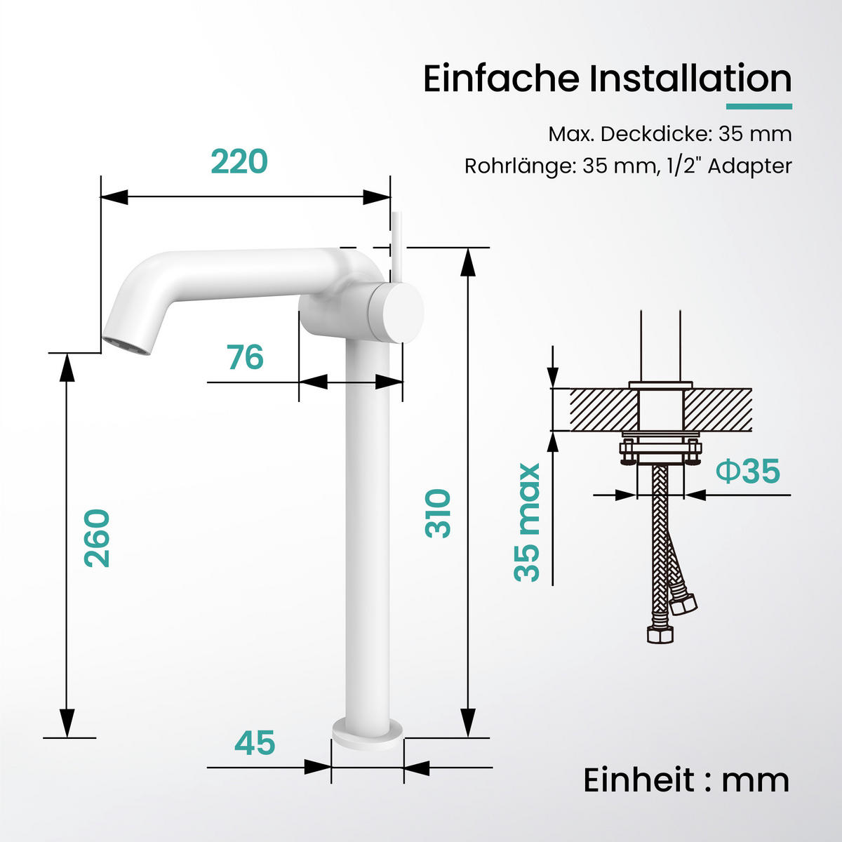 WASCHTISCHARMATUR Wasserzulaufrohr aus Edelstahl Weiß Matt 26cm - Weiß, Metall (22/7.6/33.2cm) - EMKE