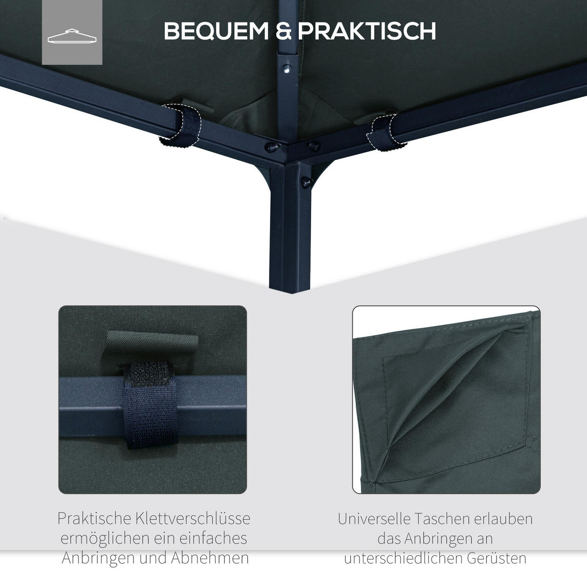 PAVILLONDACH 298/295 cm aus Polyester mit PA-Beschichtung, UV-Schutz und Entwässerungslöchern, Dunkelgrau - Dunkelgrau, Textil (295/1/298cm) - Redom