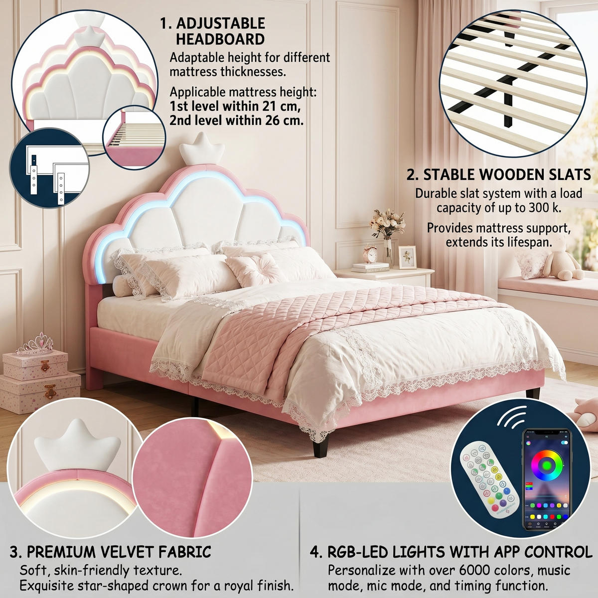 JUGENDBETT Sternenkrone mit RGB-LED & Wellen-Kopfteil 140/200 cm Samt Rosa/Weiß - Pink, Textil (140/200cm) - Creahappy