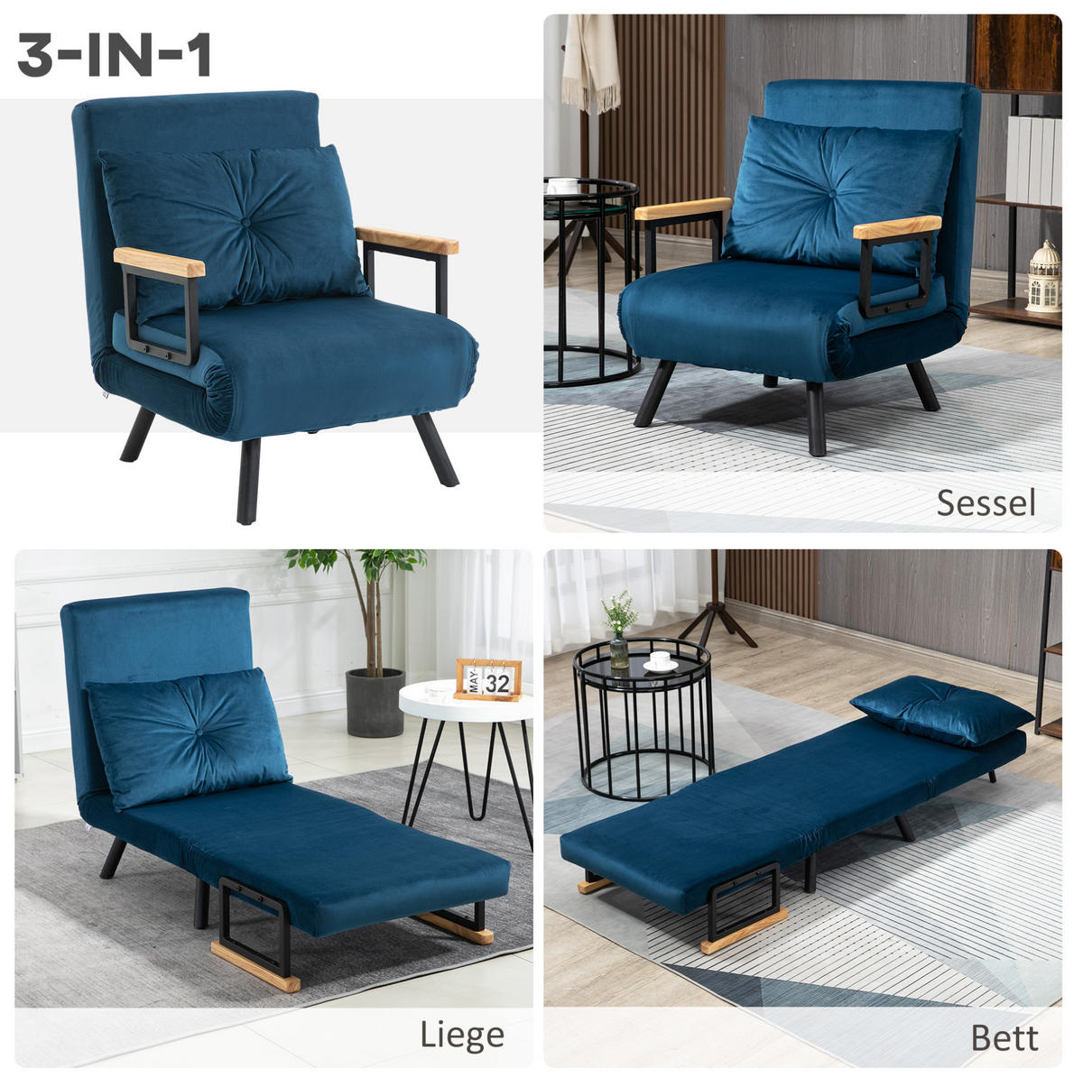 SCHLAFSESSEL Polyester mit Bettfunktion, 5-fach verstellbarer Rückenlehne 63/73/81 cm Blau - Blau, Textil (73/81/63cm) - Redom