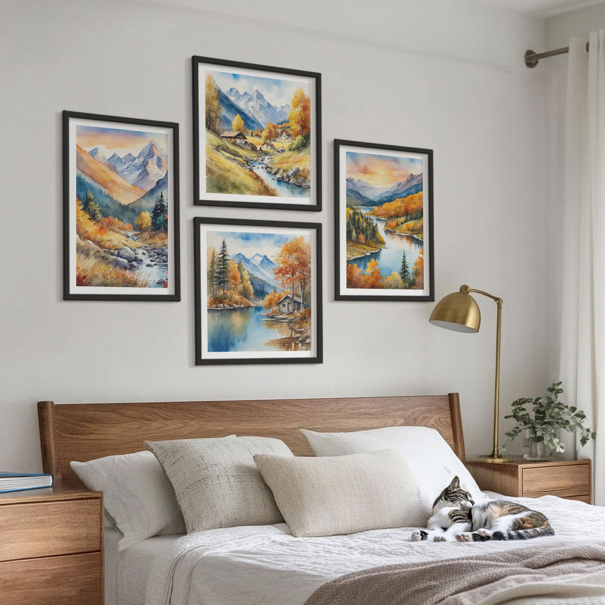 BILDER SET 4er Set - 50x50 cm & 40x60 cm Schwarzer Rahmen - Berglandschaft mit einem Fluss - Schwarz, Kunststoff (50/50cm) - TULUP