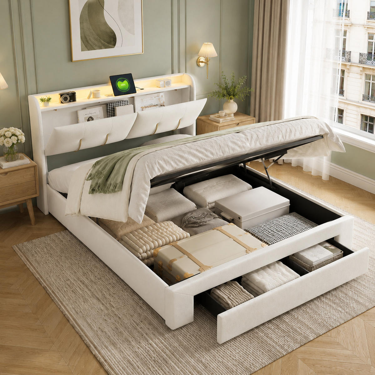 POLSTERBETT 160/200 cm mit USB & LED-Kopfteil und Stauraum - Beige, Holz/Metall (160/200cm) - Joyfair