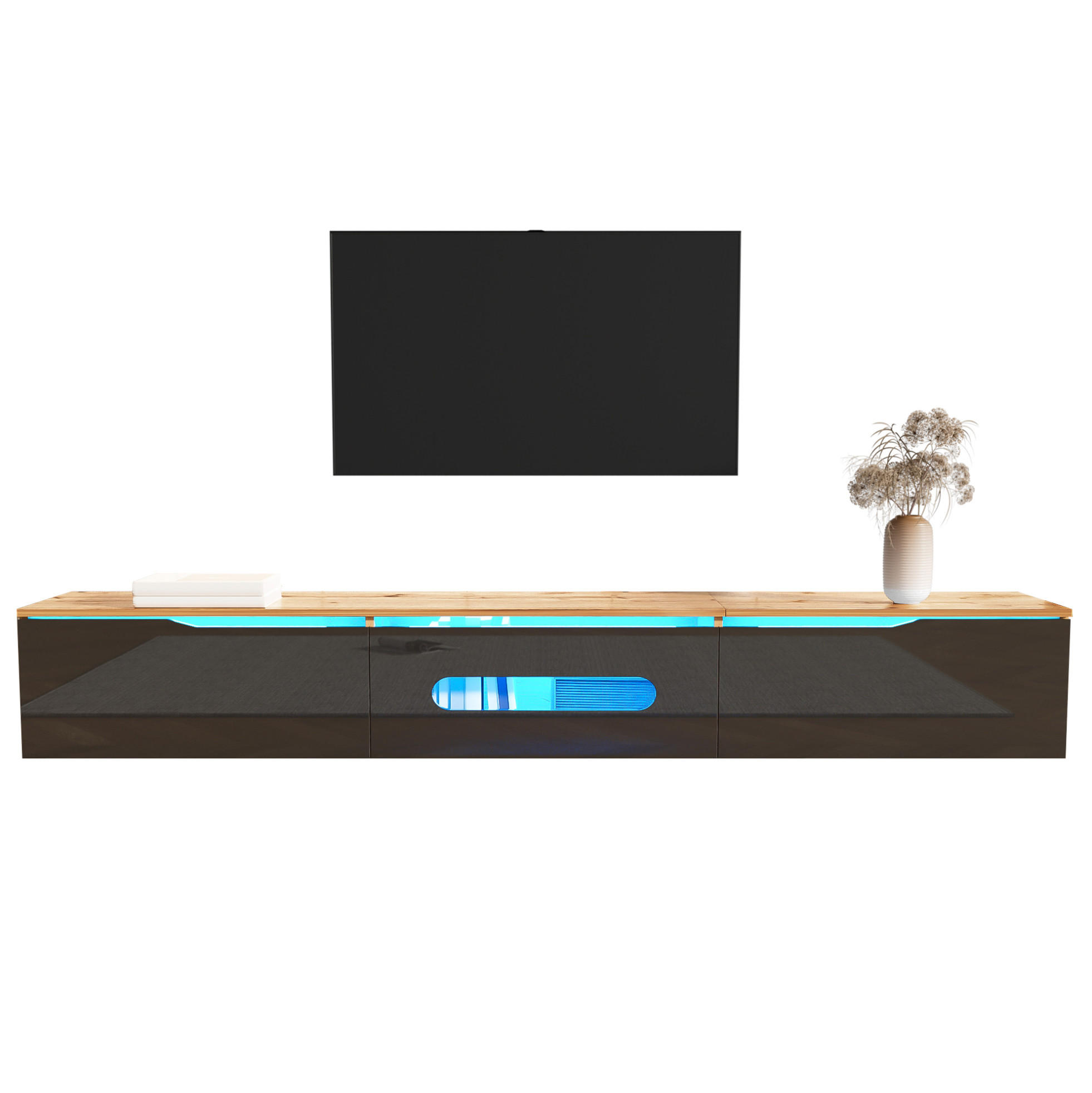 OKWISH TV stolek 180/35/30 cm černý a v dekoru dřeva z MDF a dřevotřísky s LED osvětlením a montáží na stěnu